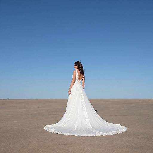 Photograph of a woman with long black hair in a white, sleeveless, floor-length wedding dress, standing alone on a vast, flat, desert