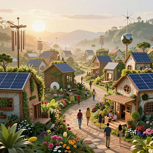 Futuristic Solarpunk Village at Sunrise