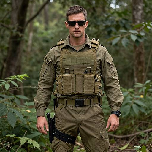 Photograph of a serious, muscular man in green military camouflage, tactical vest, and sunglasses, standing in a dense forest. He holds a gun on