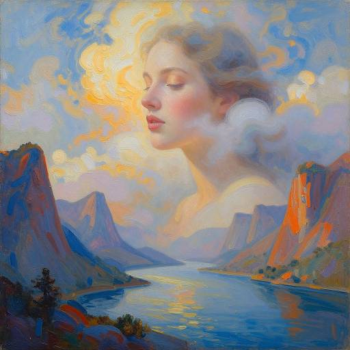 Digital painting of a serene, ethereal woman with glowing sun halo, set against a vibrant mountain and river landscape at sunset.