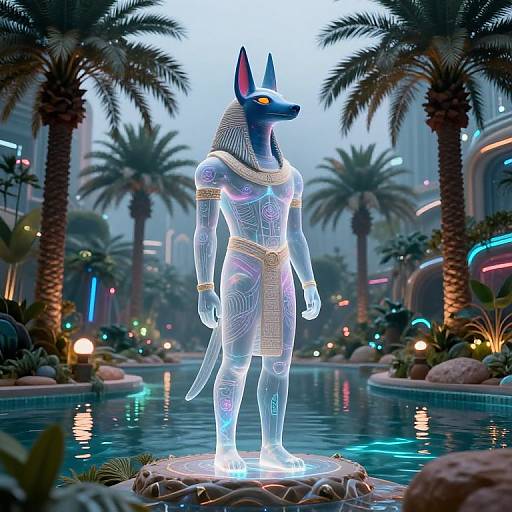 Ethereal Anubis Guardian in Futuristic Oasis