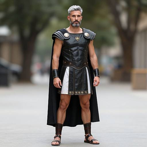 Photorealistic CGI of a muscular, bearded man with gray hair in ancient Roman armor, black cape, and sandals, standing on a blurred urban