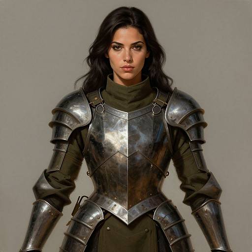 Photograph of a stern-faced woman with long black hair, wearing shiny silver medieval armor over a dark green tunic, against a plain gray background.