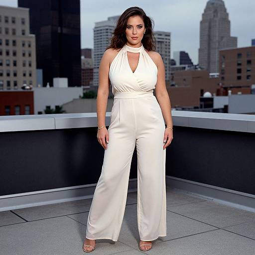 Photograph of a brunette woman with medium build, wearing a white halter-neck jumpsuit and open-toe heels, standing on a rooftop against a