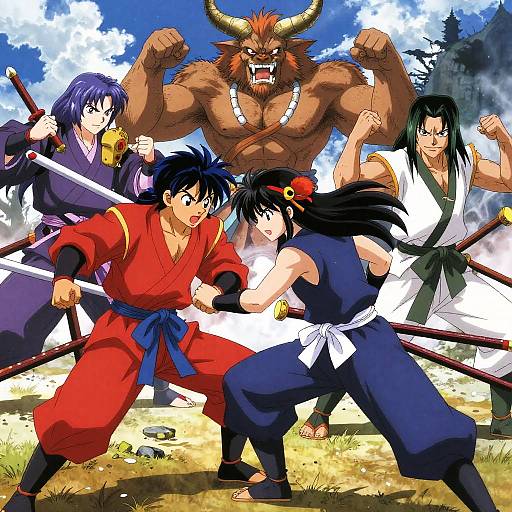 Chinese Anime Battle with Samurai Warriors and Mythical Creature