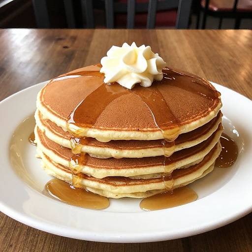 Photograph of a stack of golden-brown pancakes with syrup drizzling down, topped with a dollop of whipped cream, on a white plate,