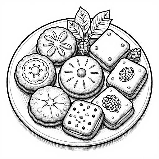 Black-and-white ink drawing of a plate with various decorated cookies, including flower, star, and dot patterns, with leaves and berries.
