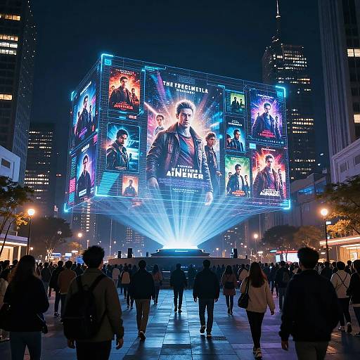 Nighttime photograph of a bustling city square with a large digital billboard displaying colorful celebrity faces, illuminated by bright blue and white lights, casting a glow over