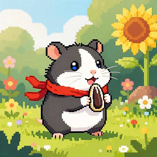 Pixel Art Hamster in Sunny Garden