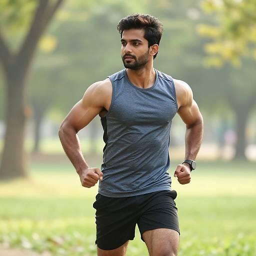 Photograph of a muscular, bearded man with short dark hair, wearing a gray tank top and black shorts, running in a green, tree-filled