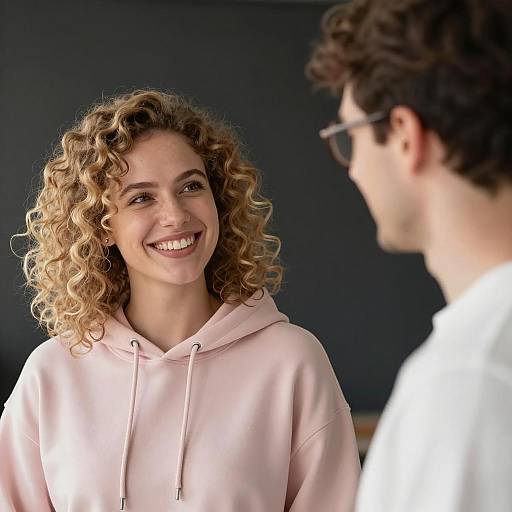 Smiling Woman in Pink Hoodie with Man