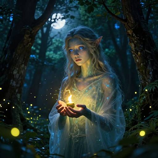 Digital fantasy artwork of a glowing-eyed, blonde elf with pointed ears holding a radiant firefly, surrounded by enchanted forest and bioluminescent lights.