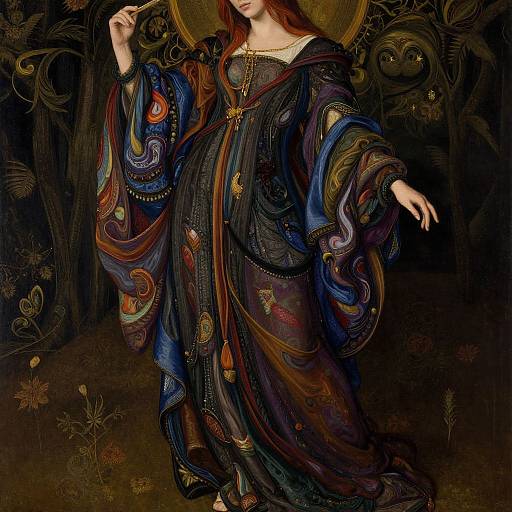 Digital artwork of a red-haired woman in a richly detailed, colorful, flowing robe with intricate patterns, against a dark, ornate background.
