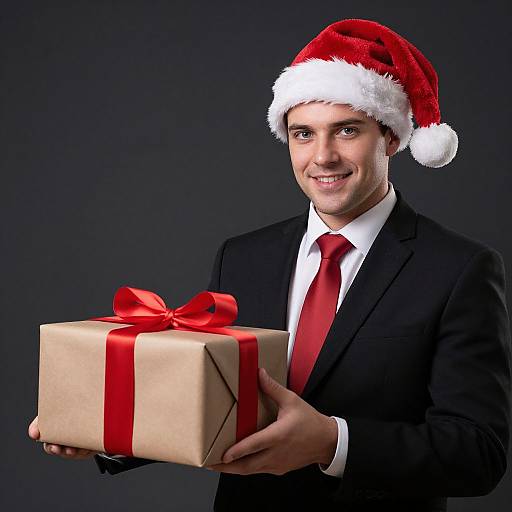 Photograph of a smiling man in a black suit, red tie, and Santa hat, holding a brown gift box with a red ribbon against a dark