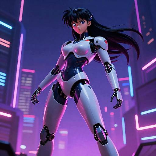 Cybernetic Valkyrie in Neon Cyberpunk City