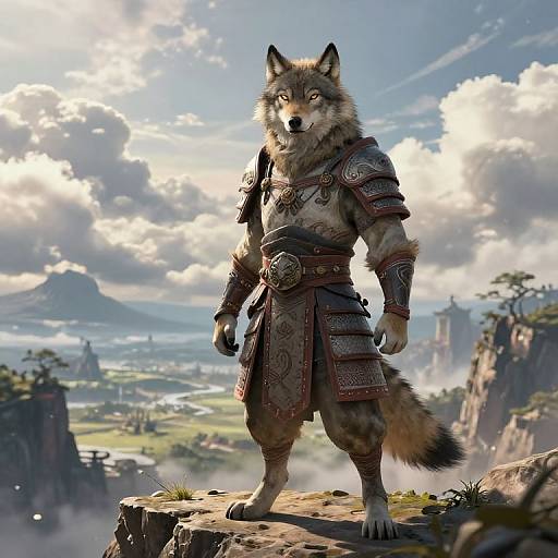 Digital art of a fierce, armored wolf warrior standing on a rocky cliff, overlooking a lush, ancient landscape with mountains and clouds.