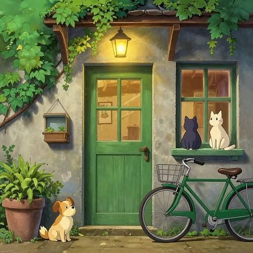 Whimsical digital painting: Green door, lantern-lit, with four cats and a dog, potted plant, and bicycle, surrounded by lush