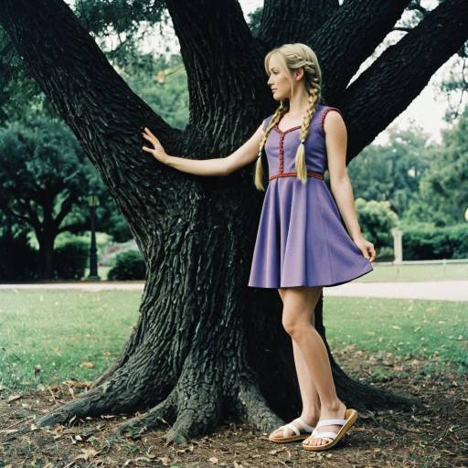 Young Woman in Purple Dress Standing by Tree