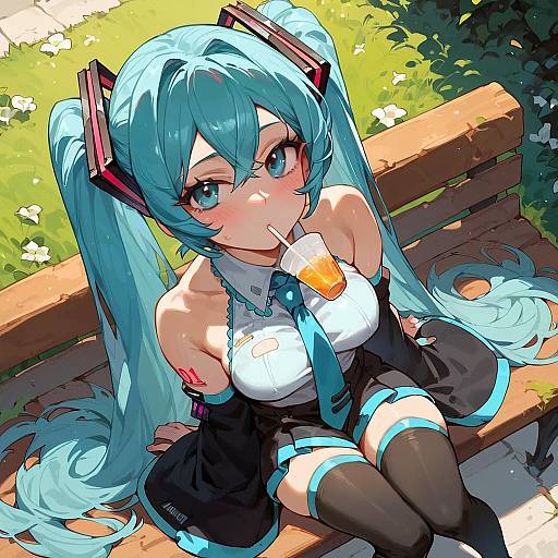 Blushing Miku on Park Bench, From Above