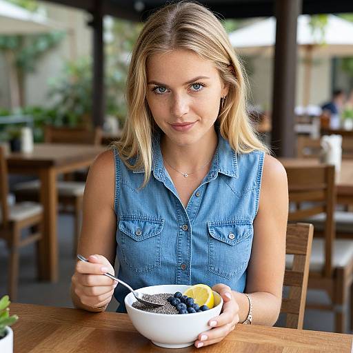Photograph of a blonde woman with blue eyes, wearing a sleeveless denim vest, sitting at a wooden table, eating a yogurt parfait with blueberries
