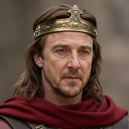 Photograph of a middle-aged man with long brown hair, blue eyes, and a goatee, wearing a gold crown and red cloak, with a