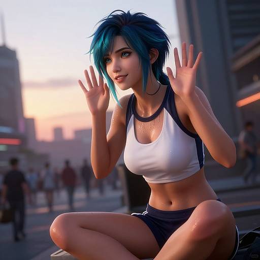 Cyberpunk Girl in Playful Peek-a-Boo Pose