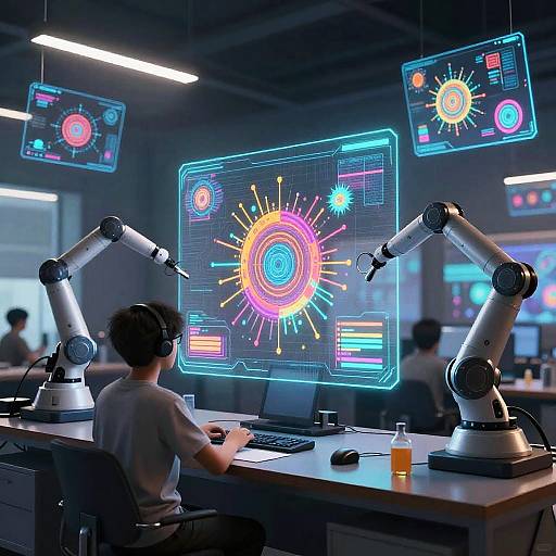 Photograph of a futuristic workspace with a person wearing headphones, using dual robotic arms to create neon digital suns on a glowing screen, surrounded by holog