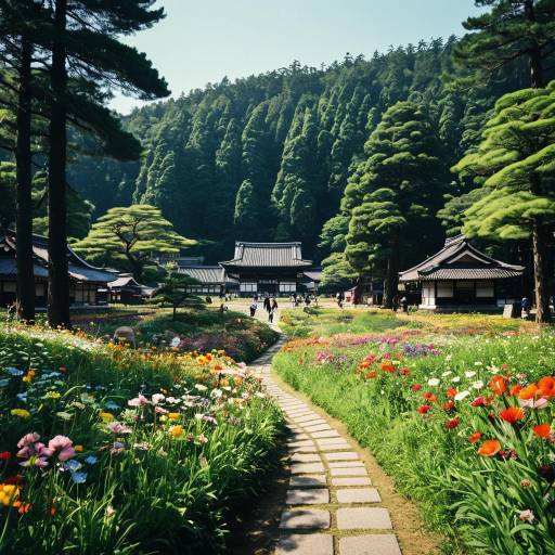 Pathway Through Colorful Meadow to Traditional Japanese Town