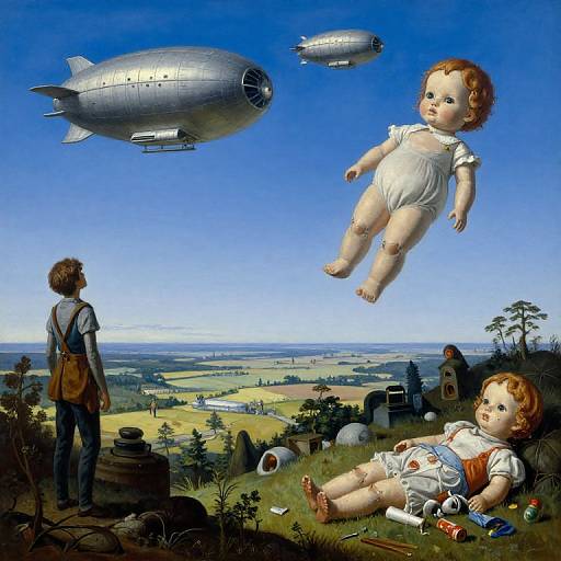 Digital illustration of a red-haired child in white diaper, floating in air, above a boy with brown hair, blimp, countryside, another child lying
