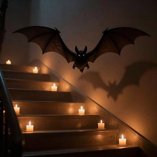 Photograph of a dark silhouette bat with outstretched wings flying above a staircase illuminated by multiple glowing candles.