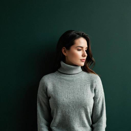 Woman in Grey Turtleneck Sweater Against Dark Green Wall