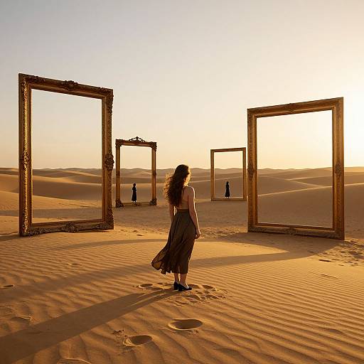 Silhouetted woman in flowing dress stands in golden desert, facing ornate, empty picture frames at sunset; distant figures in background. Photograph.