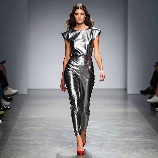 Female Model in Metallic Silver Jumpsuit on Runway