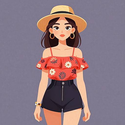 Bohemian Woman in Coral Top and Hat