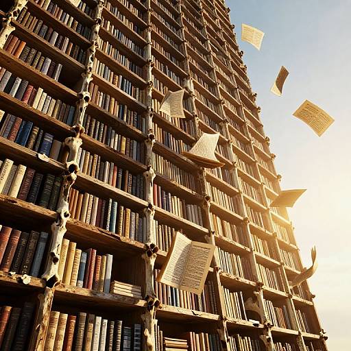 Photograph of towering wooden bookshelves filled with books, sunlight streaming, and papers flying upward, creating a dynamic, airy effect.