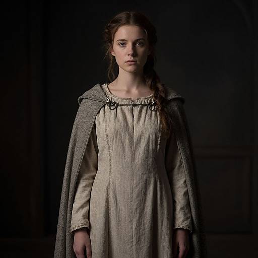 Photograph of a young woman with long brown hair in a braid, wearing a beige dress and gray cloak, standing against a dark background. Serious