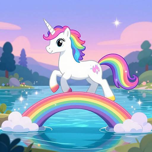 Rainbow Unicorn Galloping Over Bridge