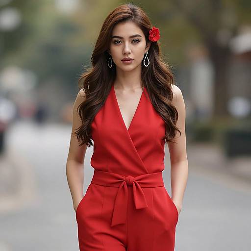 Photograph of an attractive Asian woman with long brown hair, wearing a vibrant red halter dress, hands in pockets, silver earrings, red flower in