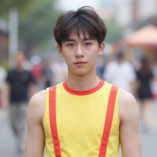 Photograph of a young Asian man with short black hair, wearing a yellow tank top with red straps, standing in a blurred urban street.