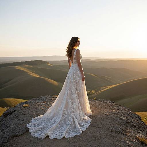 Photograph of a bride in a white lace wedding dress with long train, standing on a rocky hilltop, facing sunset over rolling hills.