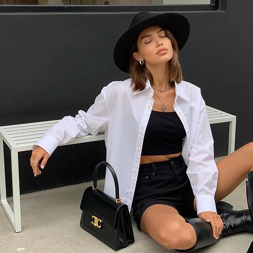 Fashionable woman in black and white outfit sitting against wall