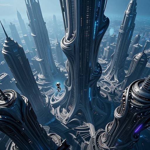 Digital artwork of a futuristic cityscape with towering, intricately designed, blue-lit skyscrapers. A small, humanoid figure stands near the base