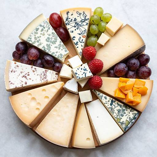 Photograph of a round cheese platter with various cheeses, grapes, raspberries, and orange cubes, arranged in a circular pattern.