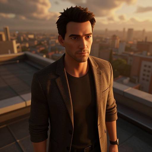 Photorealistic CGI of a handsome man with short dark hair, in a black shirt and gray blazer, standing on a rooftop at sunset, with