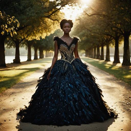 Black Model in Feathered Ballroom Gown Outdoors