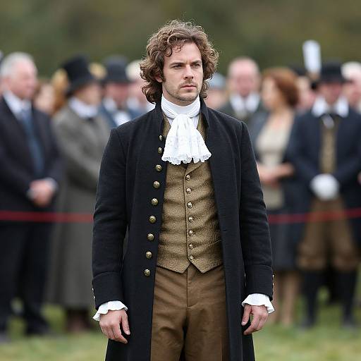 Photograph of a serious, curly-haired man in 18th-century attire with a white cravat, brown waistcoat, and black coat,