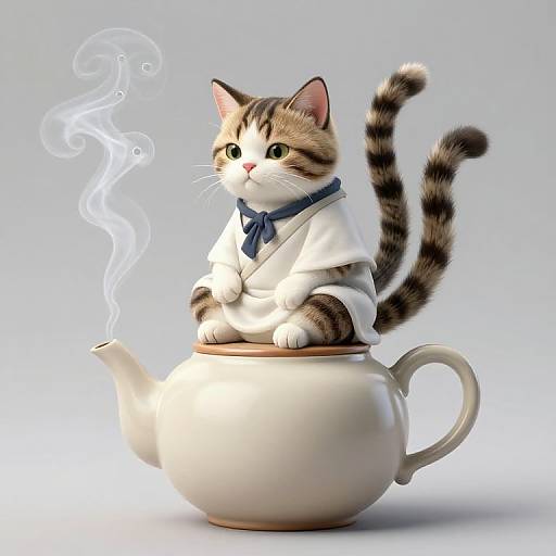 Digital illustration of a cute, striped tabby cat wearing a white kimono with a blue tie, sitting on a white teapot with steam rising.