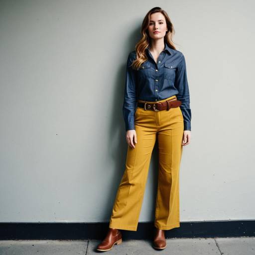 Woman in Casual Navy Shirt and Mustard Trousers