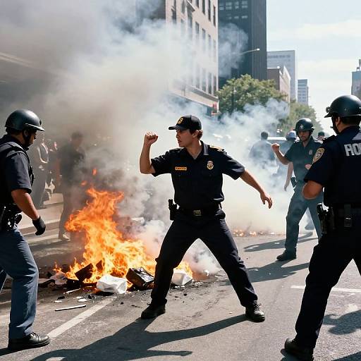 Photograph of police officers in black uniforms and helmets, with one officer raising his fist amidst a street fire and smoke, during a protest in an urban