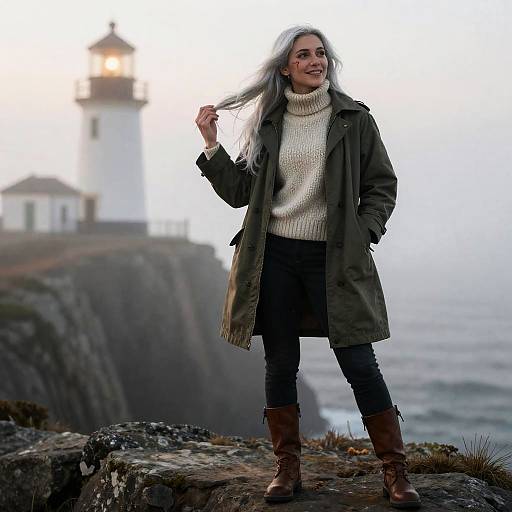 Silver-Haired Woman by Misty Lighthouse